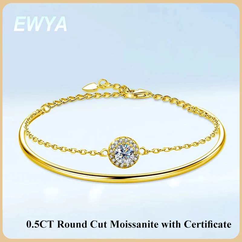

EWYA 2-Layer Round Cut 0.5CT 5mm Moissanite Cuff Bangle For Women D Color 925 Silver Hand Link Chain Bracelet Adjustable Gift