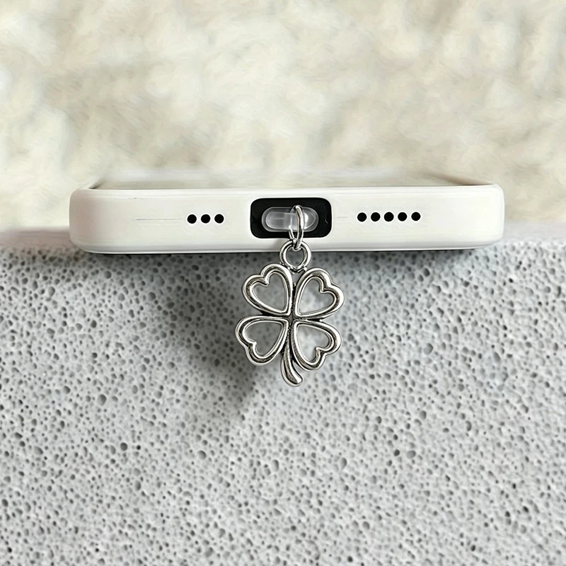 Cute Silver Clover Phone Dust plug Accessories Decoration Hanging Pendant for iPhone for Samsung Type-C Charging Port