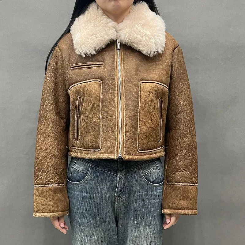 Casacos de couro shearling para mulheres, lã real, pele de cordeiro, pele de carneiro, jaqueta moto, senhora, inverno, 2023