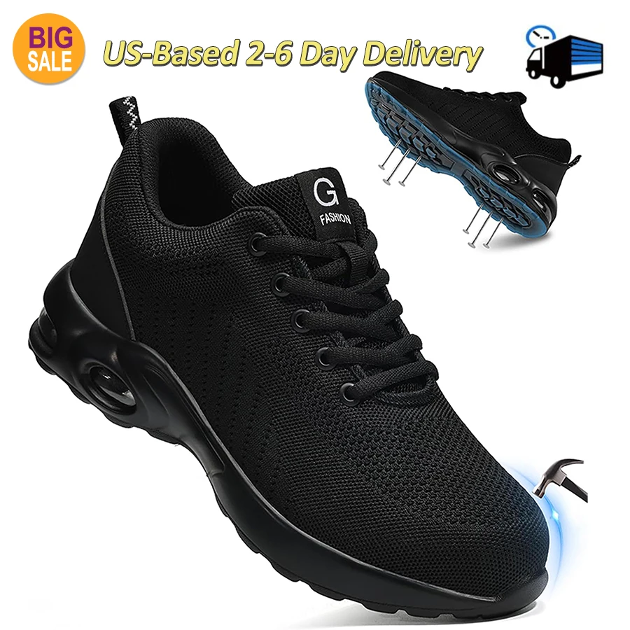 Women Safety Shoes Work Boots, Summer Solid Color Lightweight Breathable Steel Toe Anti-Smash Indestructible Work Sneakers Puncture Proof Industrial Protective Labor Footwear For Construction Men