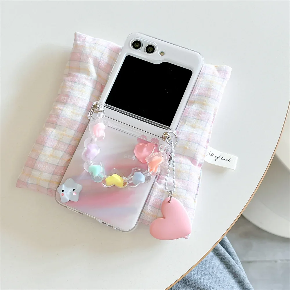 Cute Cartoon Star Love Heart Phone Case with Wrist Strap For Samsung Galaxy Z Flip 6 5 4 3 5G Hinge Protection Clear Hard Cover