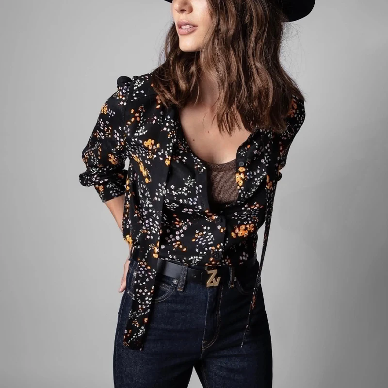 Zadig Summer Youth Blouses Woman Elegant Ladies Shirt Tops Female Viscose Chic V-Neck Fashion Casual Floral Long Sleeve Blouses