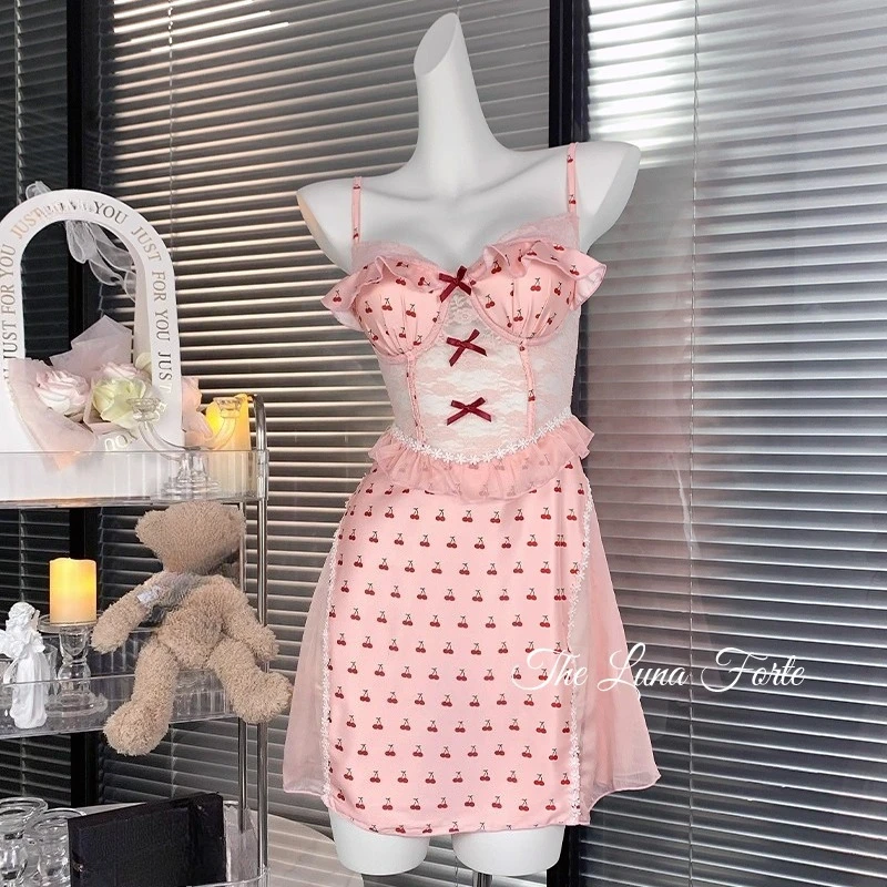 فستان نوم نسائي مفرغ من الدانتيل مطبوع عليه فاكهة بتصميم فرنسي لصيف 2025 رقيق ومثير بصدر صغير بدون ظهر ملابس نوم للفتيات #6