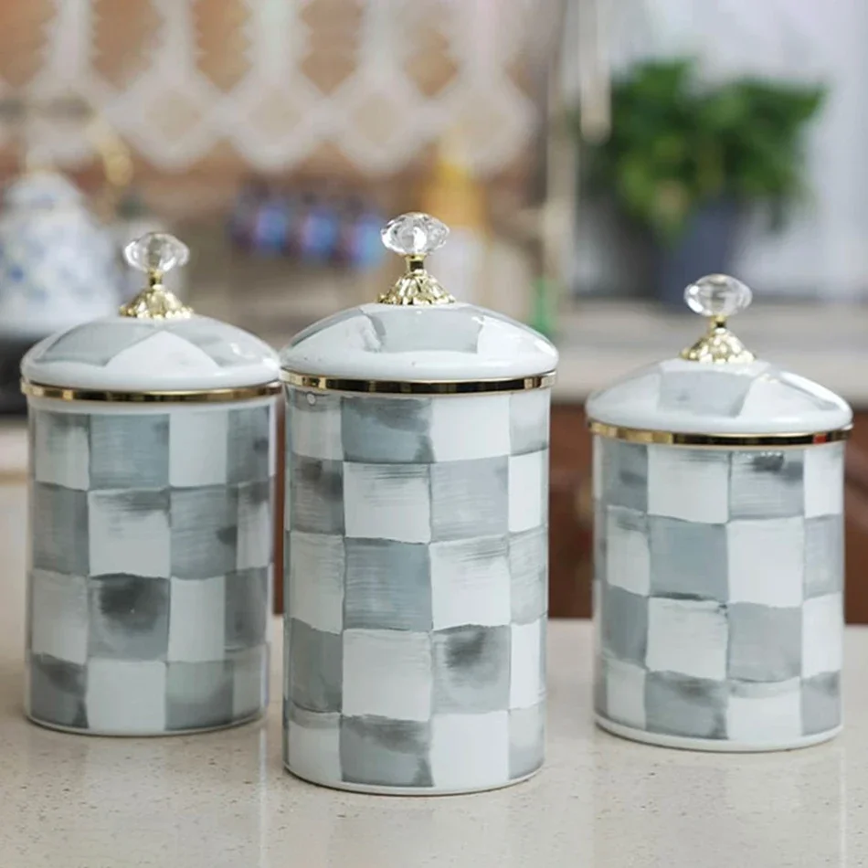 European Retro Classic Storage Jar Ornament Checkerboard Porcelain Enameled Kitchen Containers Tea Coffee Sugar Storage Jars