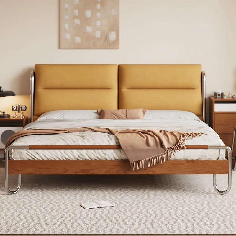 Medieval style solid wood bed, bedroom double bed, backrest soft bag French retro bed