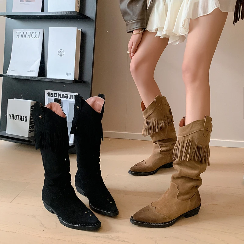 

Cow Suede Tassel Pleated Women's Western Boots Pointed Toe Slip-on Thick Heels Ladies Mid-calf Boots Winter New Female Boots