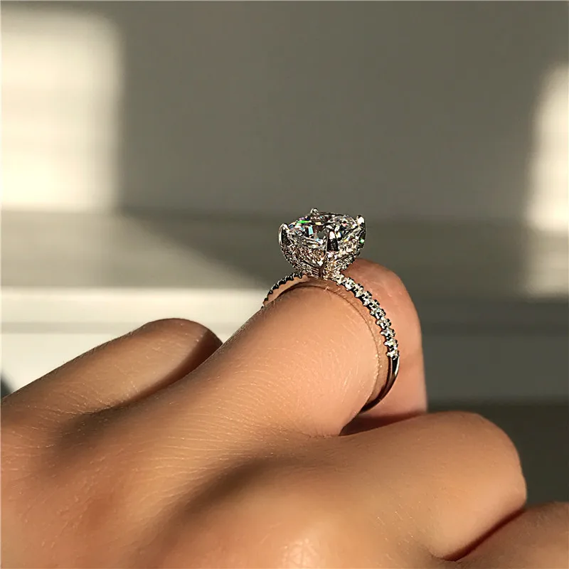 Eternal Silver Color Ring Solitaire Cushion cut 2ct Stone Simulated Diamond Zircon Wedding Rings For Women Gift Fine Jewelry