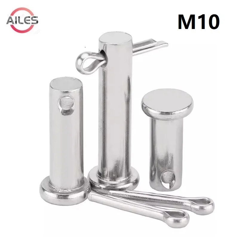 304 Stainless Steel M10 Clevis Pins with Hole and Split Cotter Pins Set Flat Head Pin Construction T shape Pin Link Hinge Pin