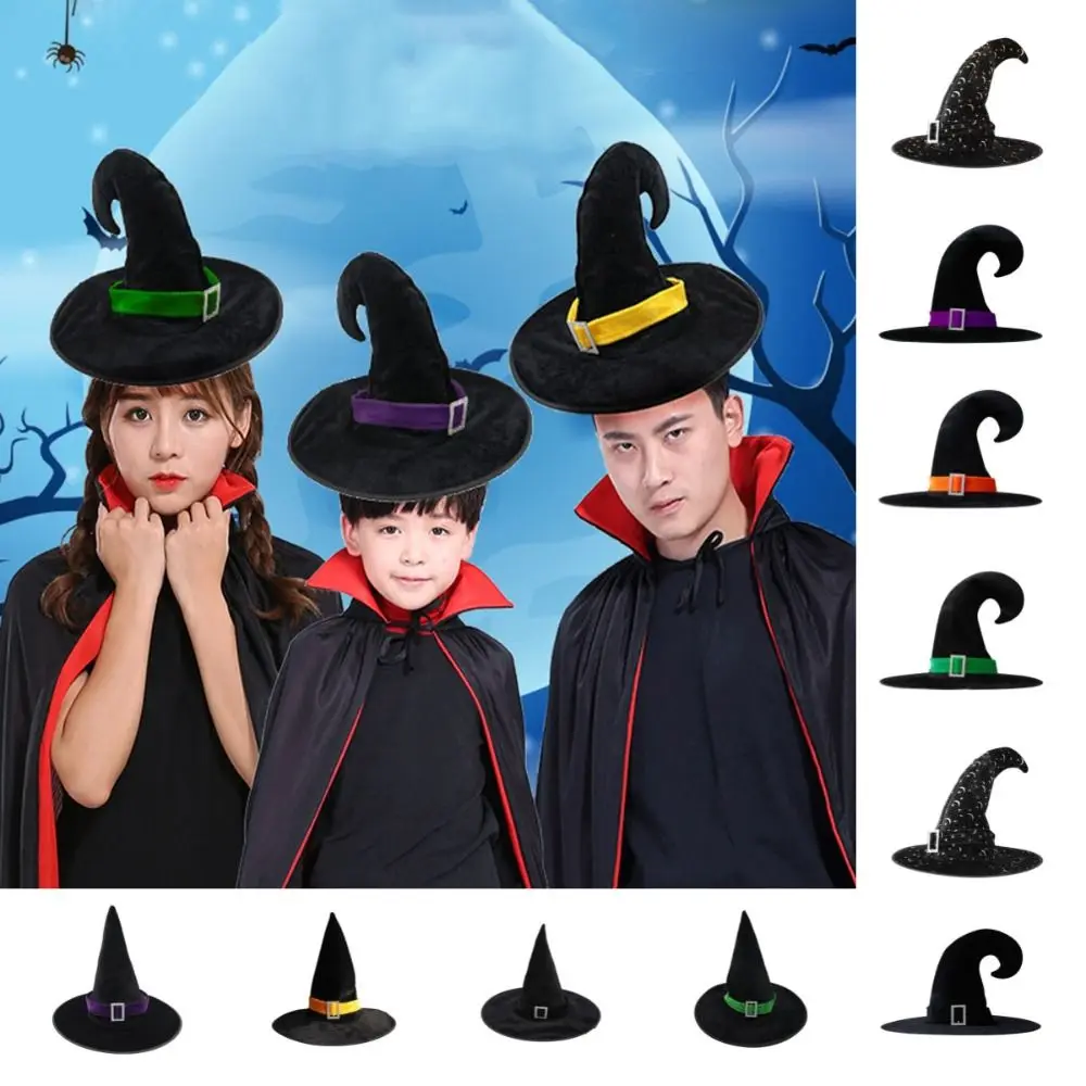 

Simple Velvet Halloween Witch Wizard Hat Bending Angle Satin Ribbon Halloween Hat Gilding Costume Props Devil Cap Children