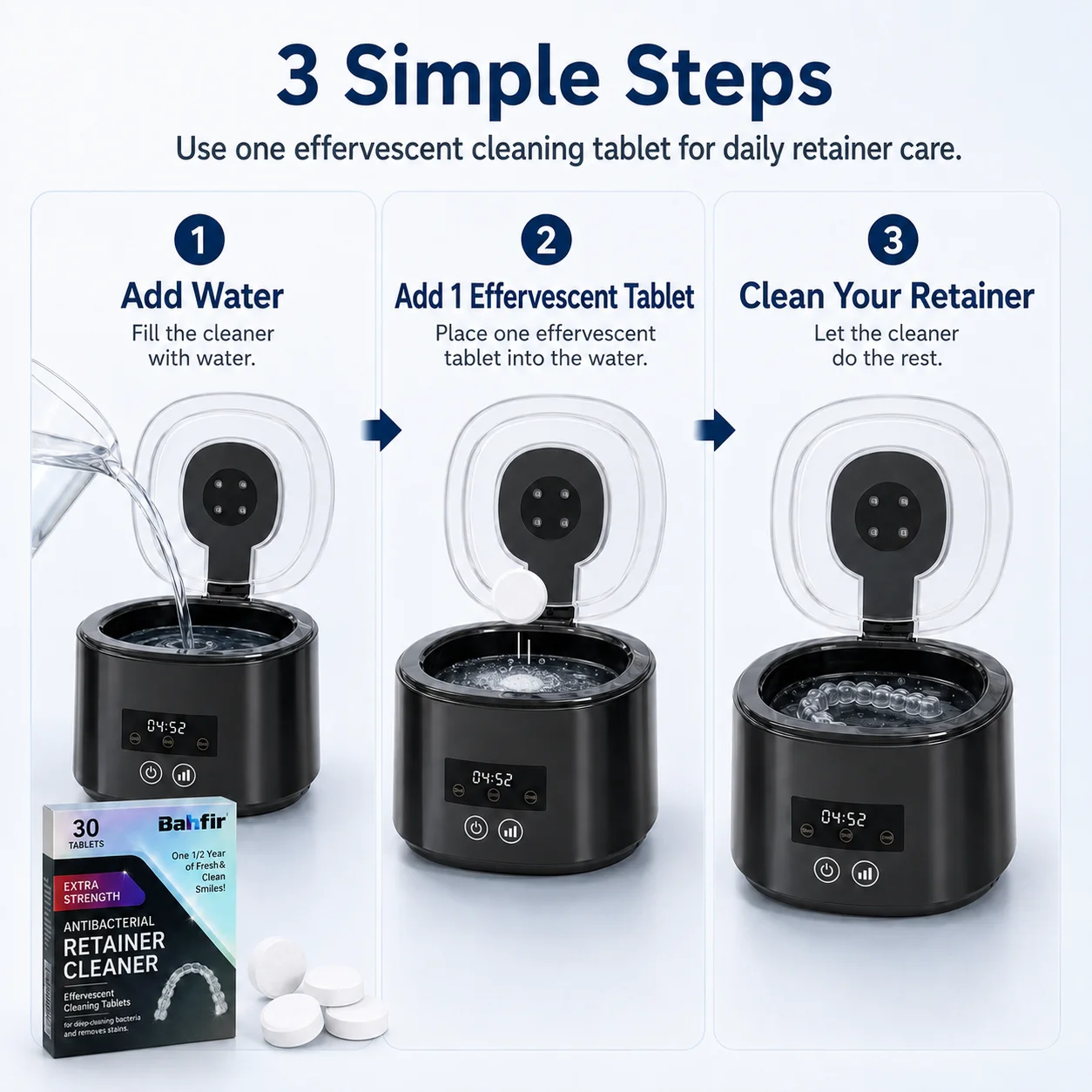 45kHz Ultrasonic Retainer Cleaner with 30 Cleaning Tablets, UV Portable Dental Pod for Dentures Braces Travel Case