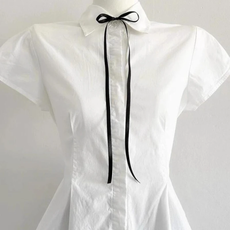 Deeptown Elegant Sweet White Blouse Women Bow Preppy Style Kawaii Lolita Shirts Vintage Japanese Short Sleeve Shirts Aesthetics