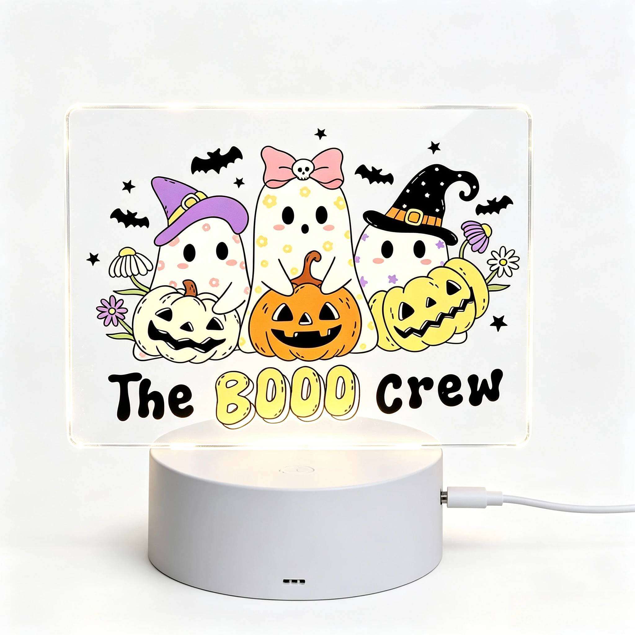 Three Friendly Ghosts USB Night‑Light, Witch Hat Bow Bat Desktop Table Decor,Sweet Halloween Holiday Gift