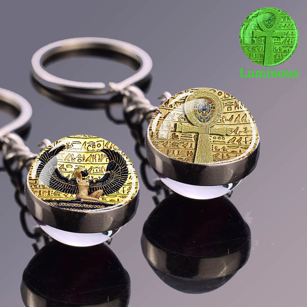 Ancient Egypt Culture Luminous Keychain Glow In The Dark Glass Ball Keyring Ankh Sphinx Anubis Scarab Goddess Egyptian Jewelry