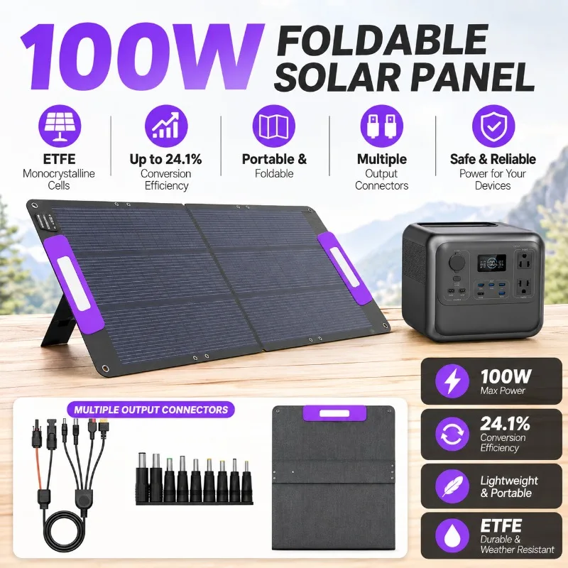 100W Foldable Solar Panel ETFE 24.1% High Efficiency Portable for Power Station Camping Outdoor Emergency Solar Panel Charger