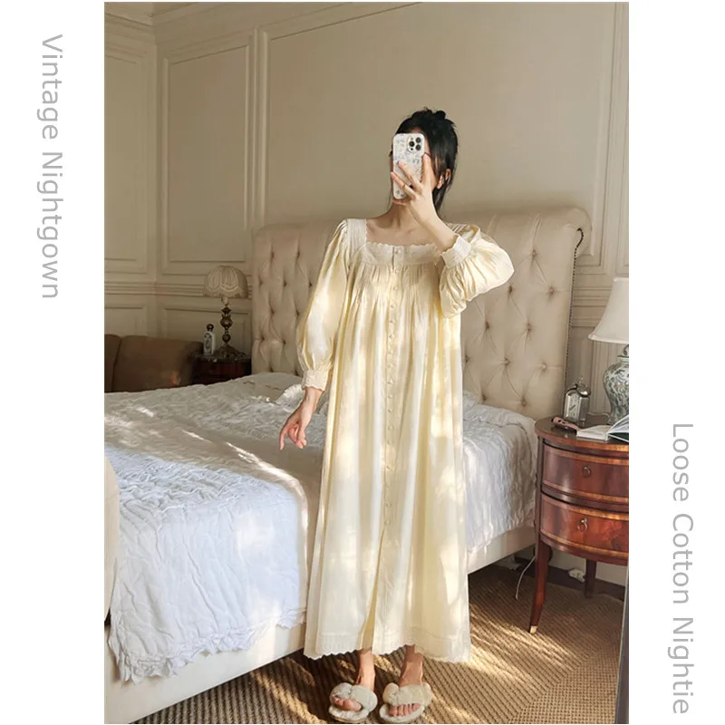 Princess Vintage Full Puff Sleeves Long Mid-Calf Nightgowns French Square Collar Cardigan Night Dress 100% Cotton Casual Nightie