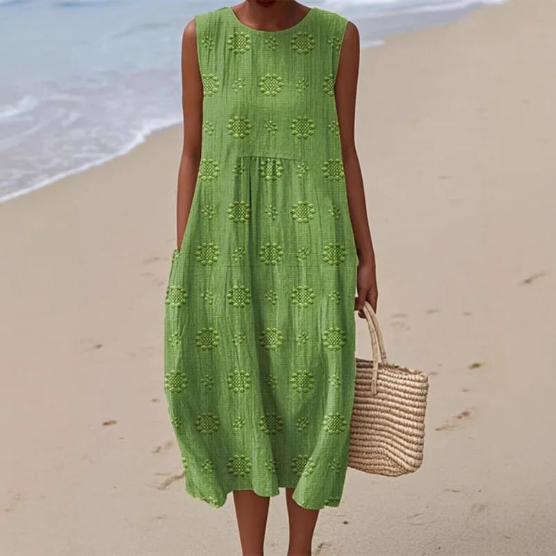 Robe longue plissée avec poches imprimées Vintage, col ras du cou, ample, style Boho, sans manches, décontractée, pour la plage, printemps, été