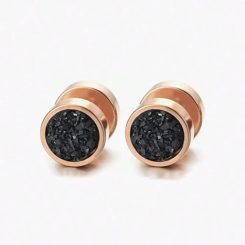 1pair Fashionable Dumbbell Mineral Stone Stainless Steel Stud Earrings For Women And Men, Black Punk Style