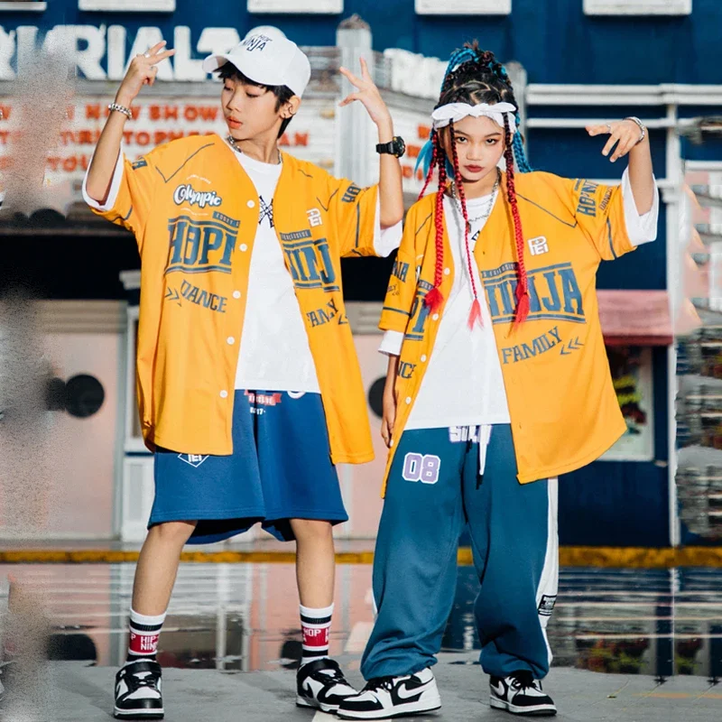 

Kids Yellow Loose Shirts Hiphop Pants Suit Girls Boys Jazz Dance Clothes Children Hip Hop Dance Costumes