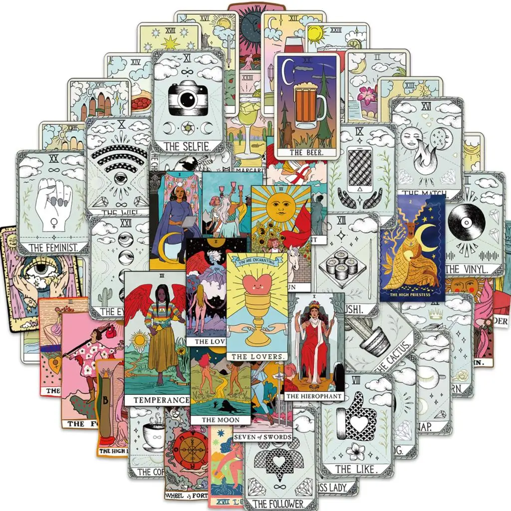 50pcs Cartoon Tarot Card Stickers Aesthetic Graffiti Skateboard Waterproof Luggage DIY Laptop Car Stickers Decals Kids Toy