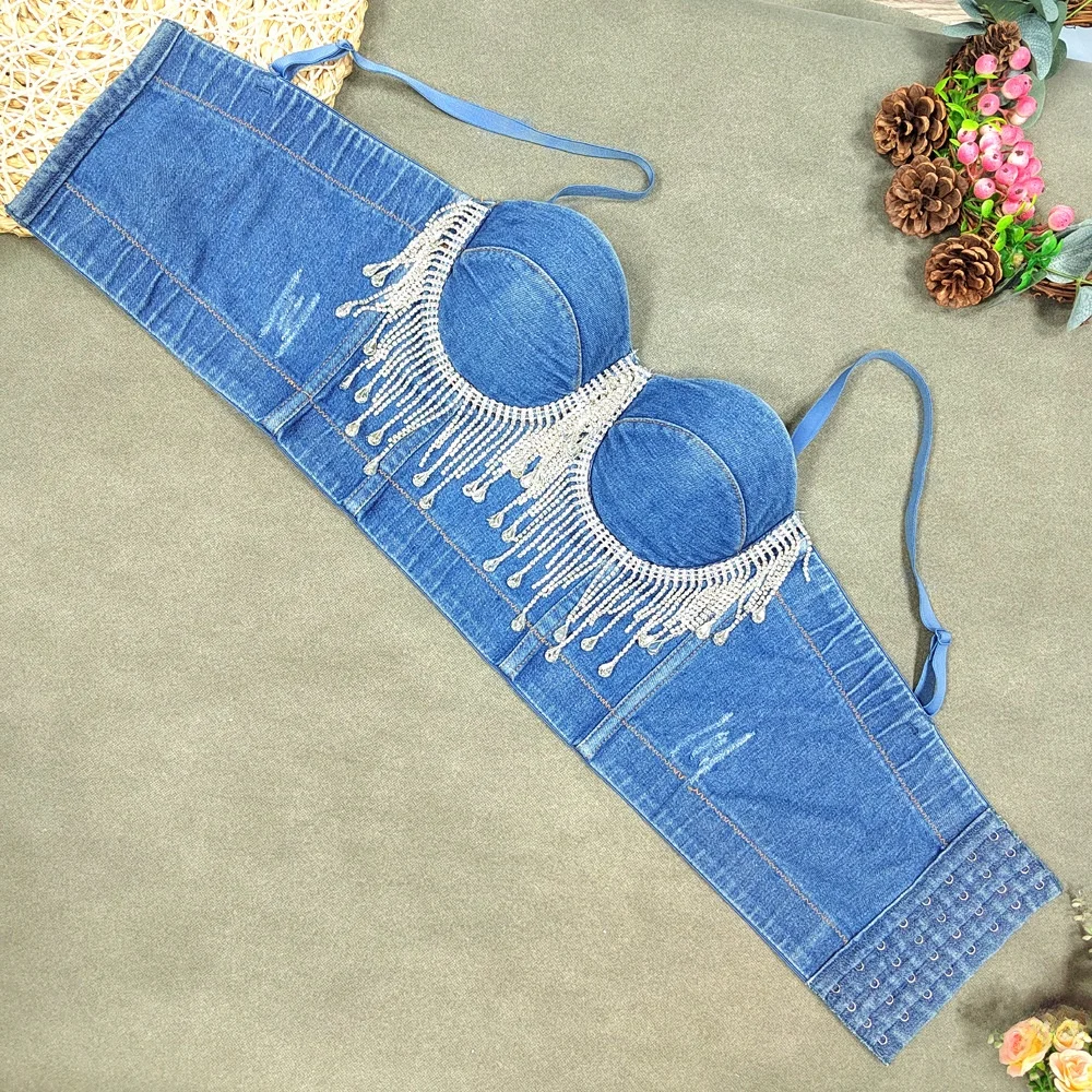 

Slim Fit Denim Sequin Tassel Fishbone Strap Club Rock Style Wrap Chest Thin Summer Fabric Splicing Chest Bandage
