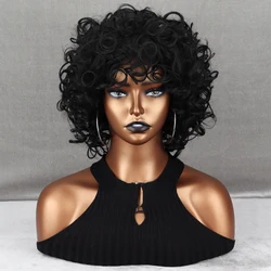 WERD Synthetic Short Black Hair Afro Kinky Curly Wigs With Bangs For Black Women Fluffy  African Ombre Wigs