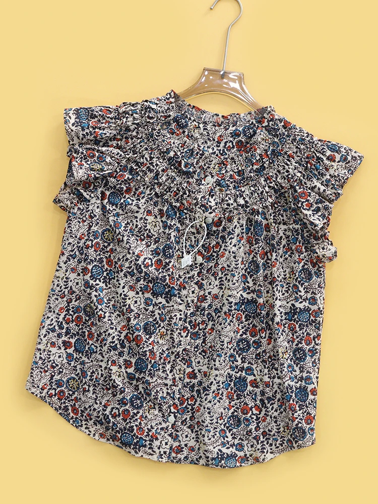 Heidd Floral Print Cotton Shirt Spring Summer round Neck Short Sleeve Gathered Hem Country Style Women's Comfortable Breathab...