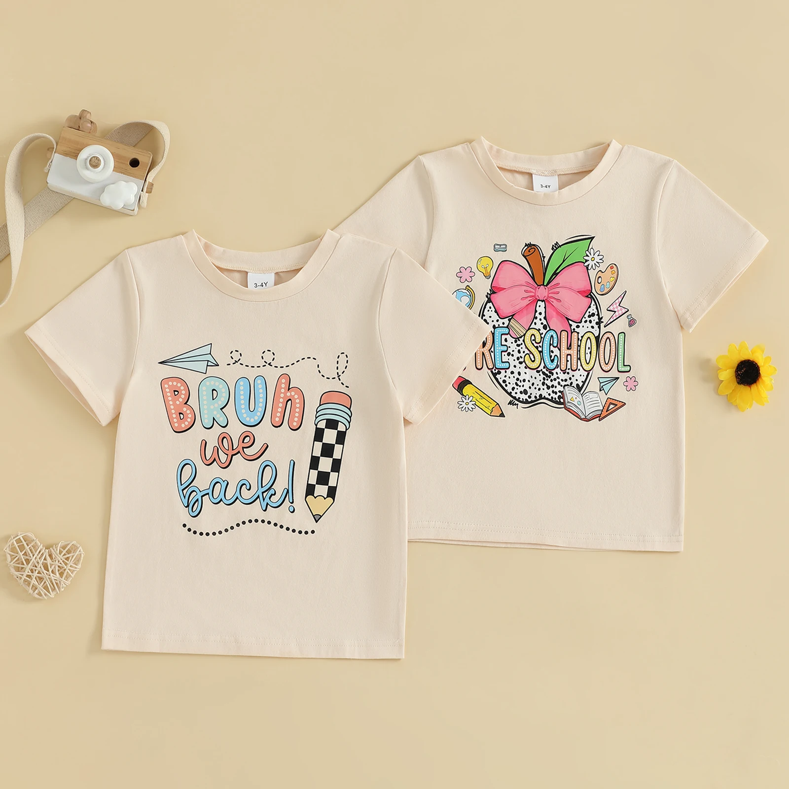 Lioraitiin-Camiseta de verano para niñas, camiseta de vuelta a la escuela con lazo de manzana y estampado de letras/bolígrafos, camisetas gráficas de manga corta con cuello redondo