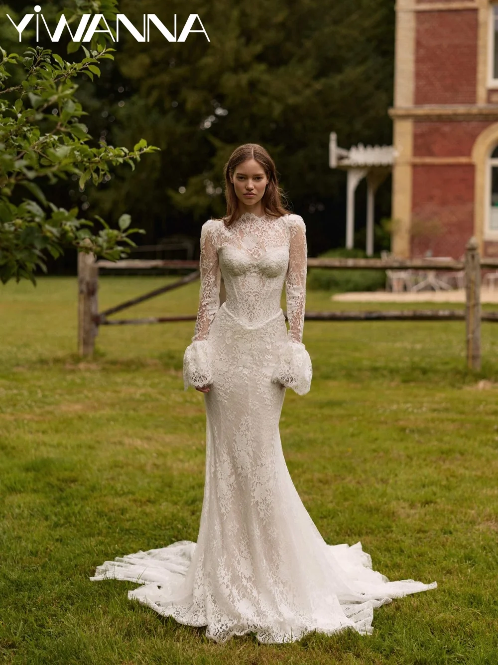 

2026 New Elegant Lace Wedding Dress Charming Floor-length Mermaid Bridal Gown Customized Ivory Long Sleeve Dresses For Bride