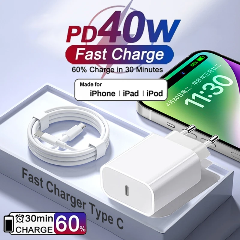 APPLE Original 40W Tipo C Carregador Rápido Para iPhone 16 15 14 13 12 11 Pro Max Mini X XS XR Plus Magsafes Sem Fio Cabo de Carregamento Rápido