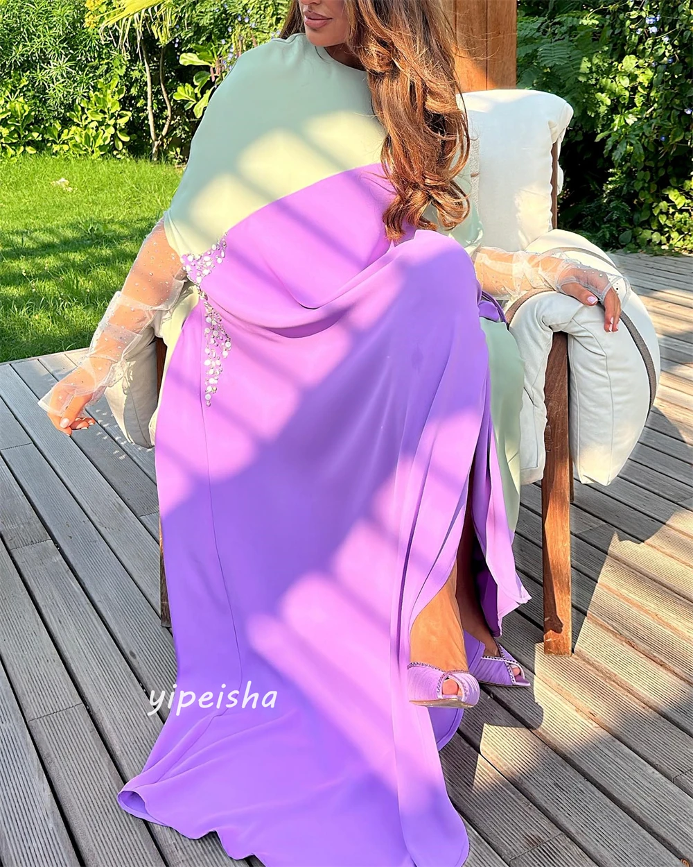 Jiayigong  Satin Beading Draped Beach A-line O-Neck Bespoke Occasion Gown Long Sleeve Dresses