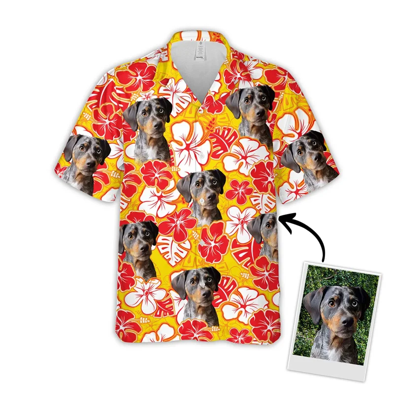 Custom Picture Hawaiian Shirts Funny DIY Dog Cat Face 3D Printed Button Shirts Spring Summer Short Sleeves Lapel Shirts