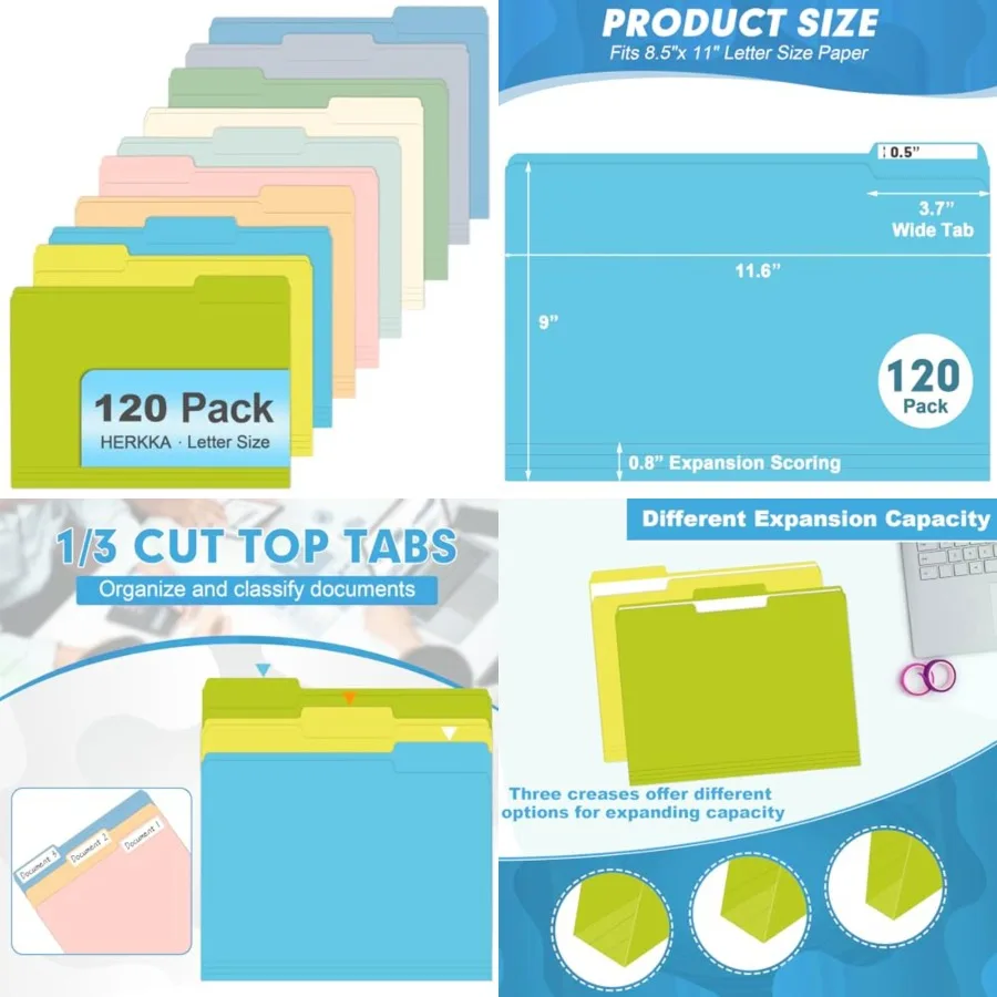 

Папка для файлов HERKKA, 120 упаковок, 1/3 папки для файлов с вырезанными вкладками, размер букв, разные 10 цветов, цветные папки для файлов, отлично подходят для организации
