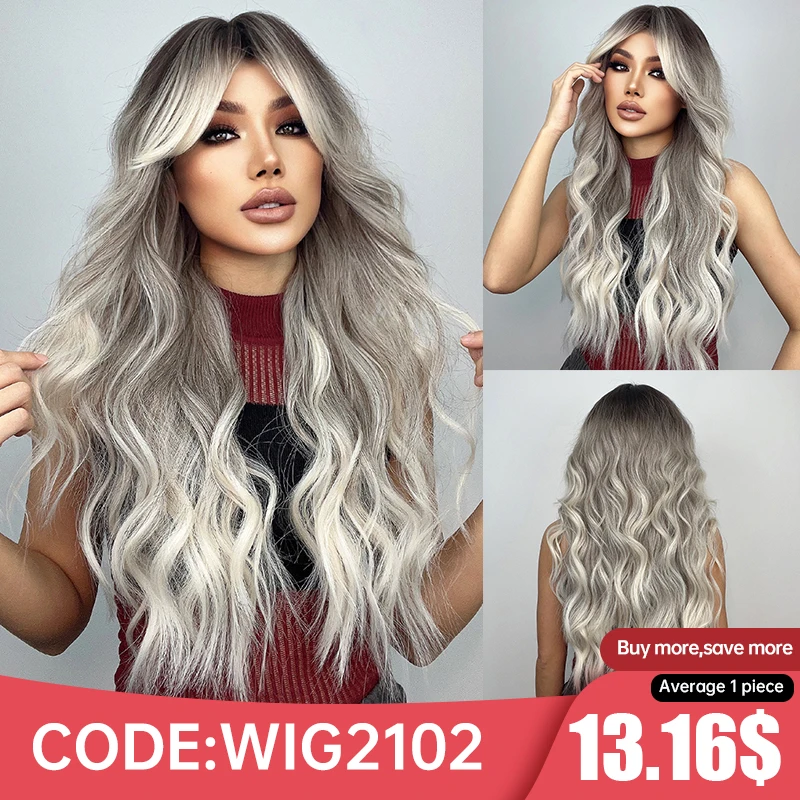 Long Wavy Gray Ash Brown Blonde Ombre Synthetic Wigs with Bangs Cosplay Natural Curly Hair Wig for Women Afro Heat Resistant