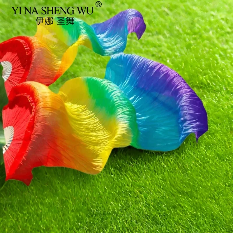 Belly Dance Rayon Silk Imitation Silk Fan Veil 1pc Left Hand+1pc Right Hand Bamboo Ribs Handmade Dyed Gradient Color Rainbow Fan