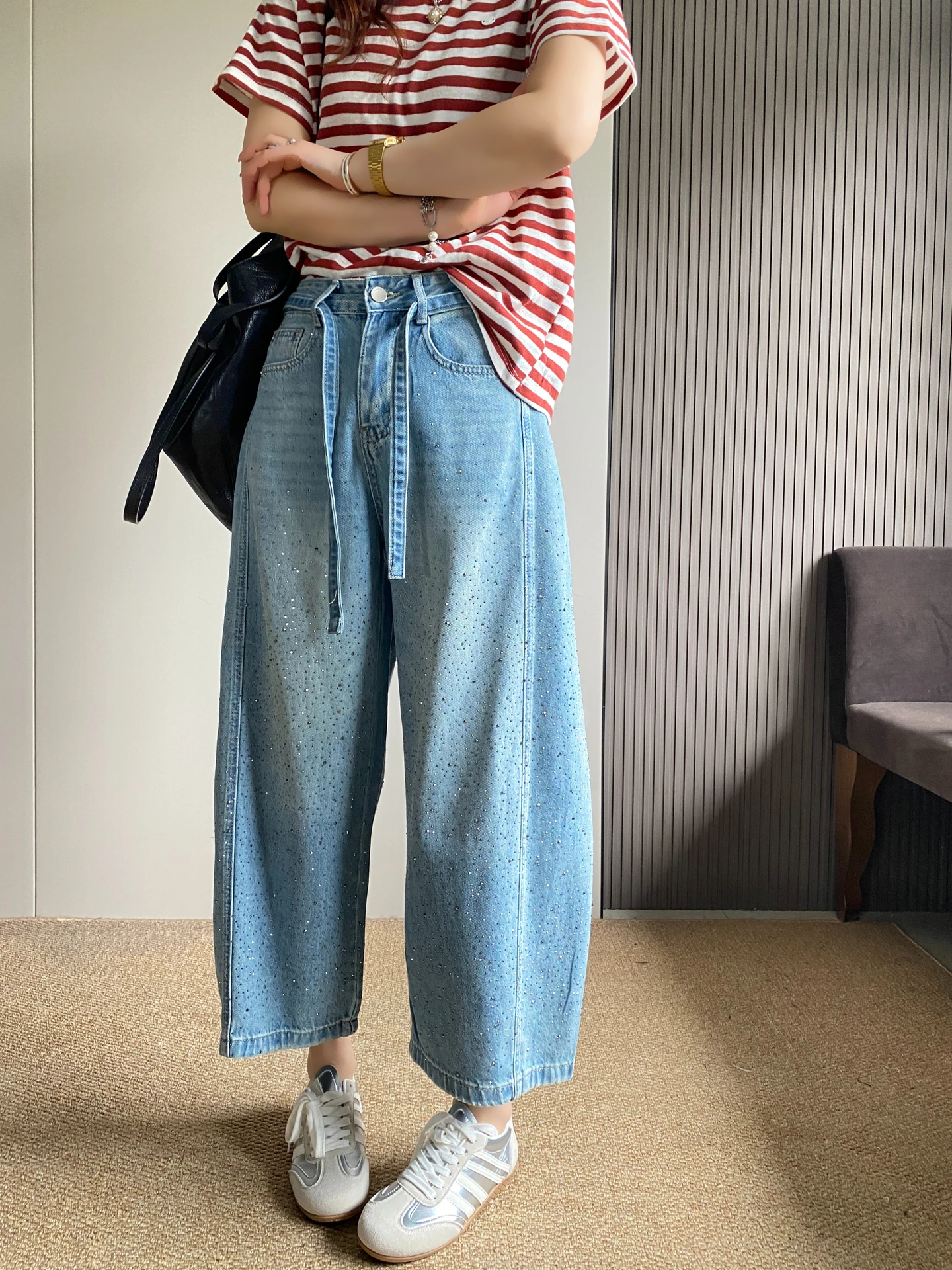 

High Waist Loose Fit Glittering Knife Denim Jeans Women's Spring 2026 New Style Slimming Wide Leg Pants Casual Wear