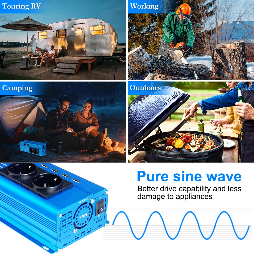 3000W Pure Sine Wave  Inverter Foval Car Converter DC12V AC220V For Camping/Outdoor Working LifePO4 Battery Inversor Pure Sine