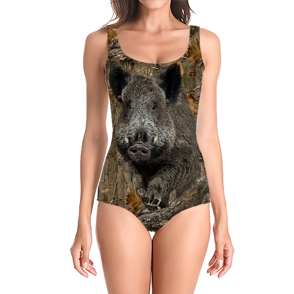 CLOOCL Costume da bagno senza maniche da donna alla moda Animale Tigre Cinghiale 3D Costume intero femminile Costume da bagno estivo da spiaggia per