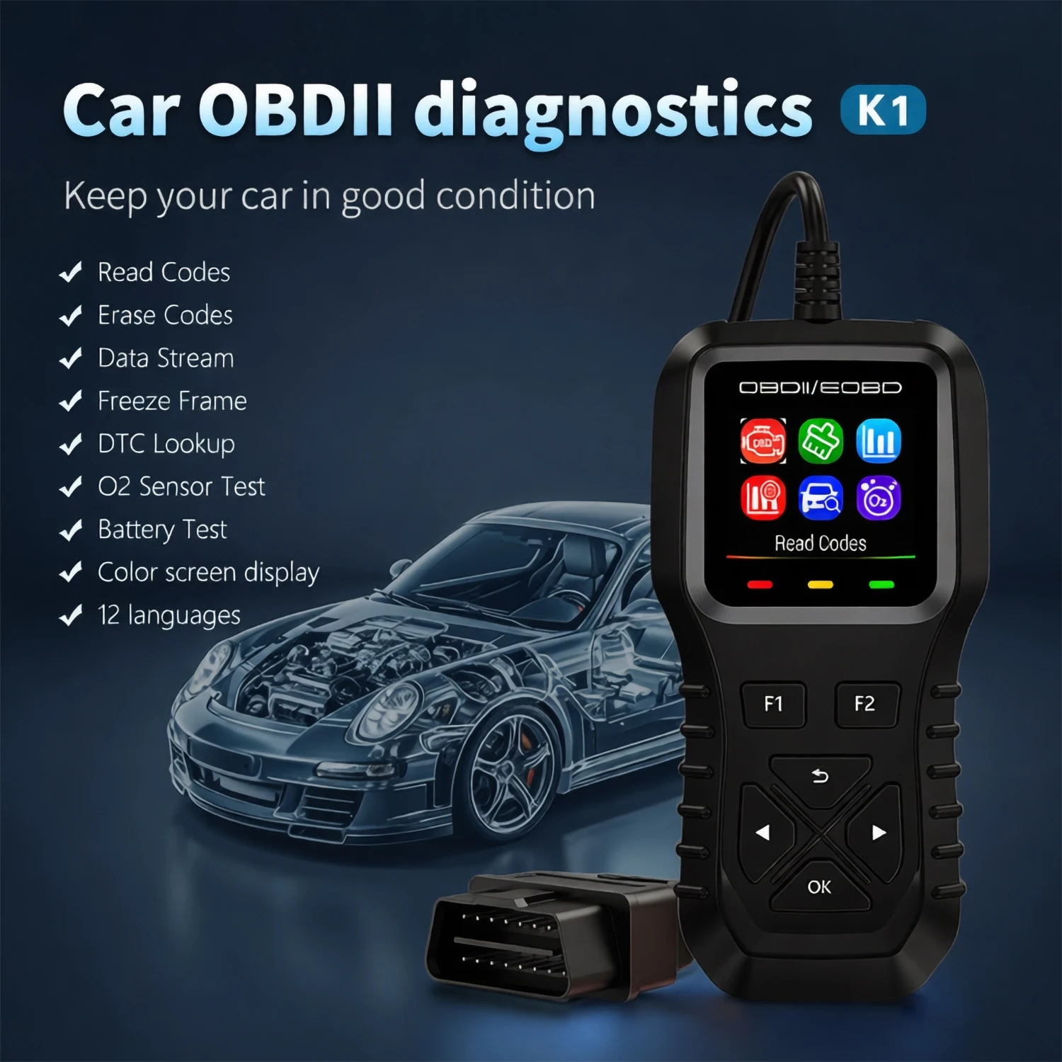 

AD Автомобильный диагностический инструмент OBD2 Сканер Автомобильный считыватель кодов несправностей Инструмент для стирания кодов Тест аккумулятора для автомобиля Грузовик Тест датчика O2 DTC Lookup