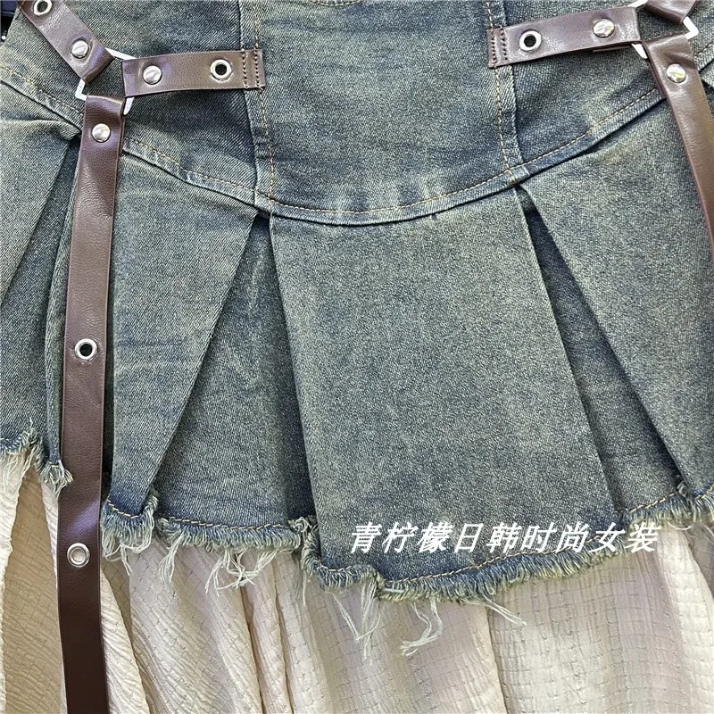 Splicing Denim Pleated Skirt For Women's Summer New Style, With A Spicy And Fashionable Style, High Waist And Slimming A-line