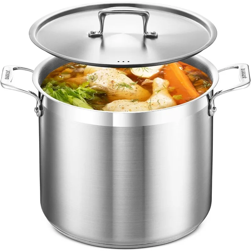 

Brushed Stainless Steel Heavy Duty Induction Pot with Lid and Riveted Handles For Soup, Seafood, Stock, Canning