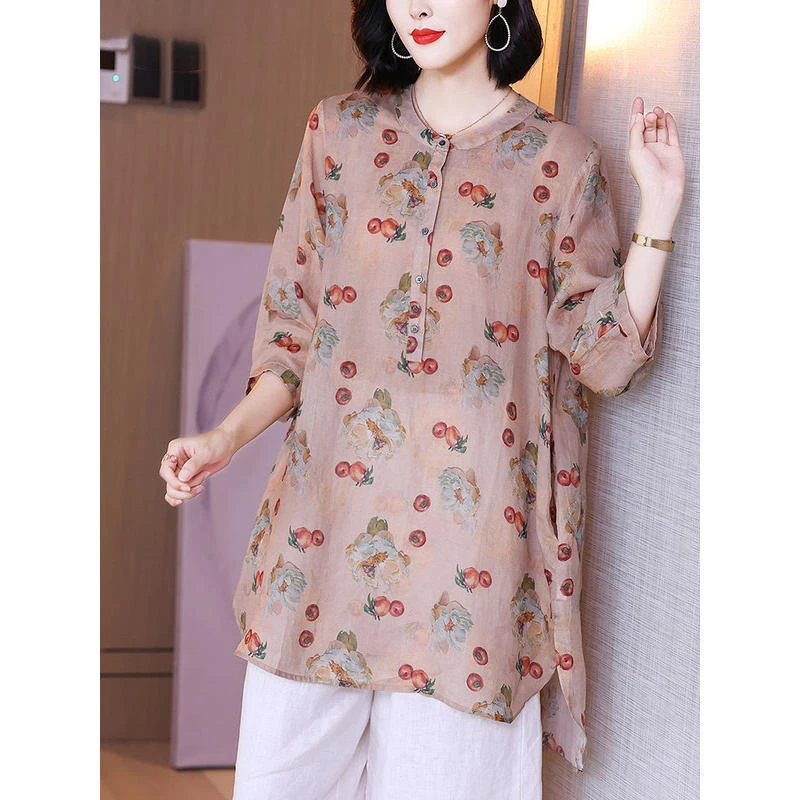

Vintage Printed Pockets Spliced Irregular Blouses Women's Clothing Summer New Loose Office Lady Tops Asymmetrical Shirts