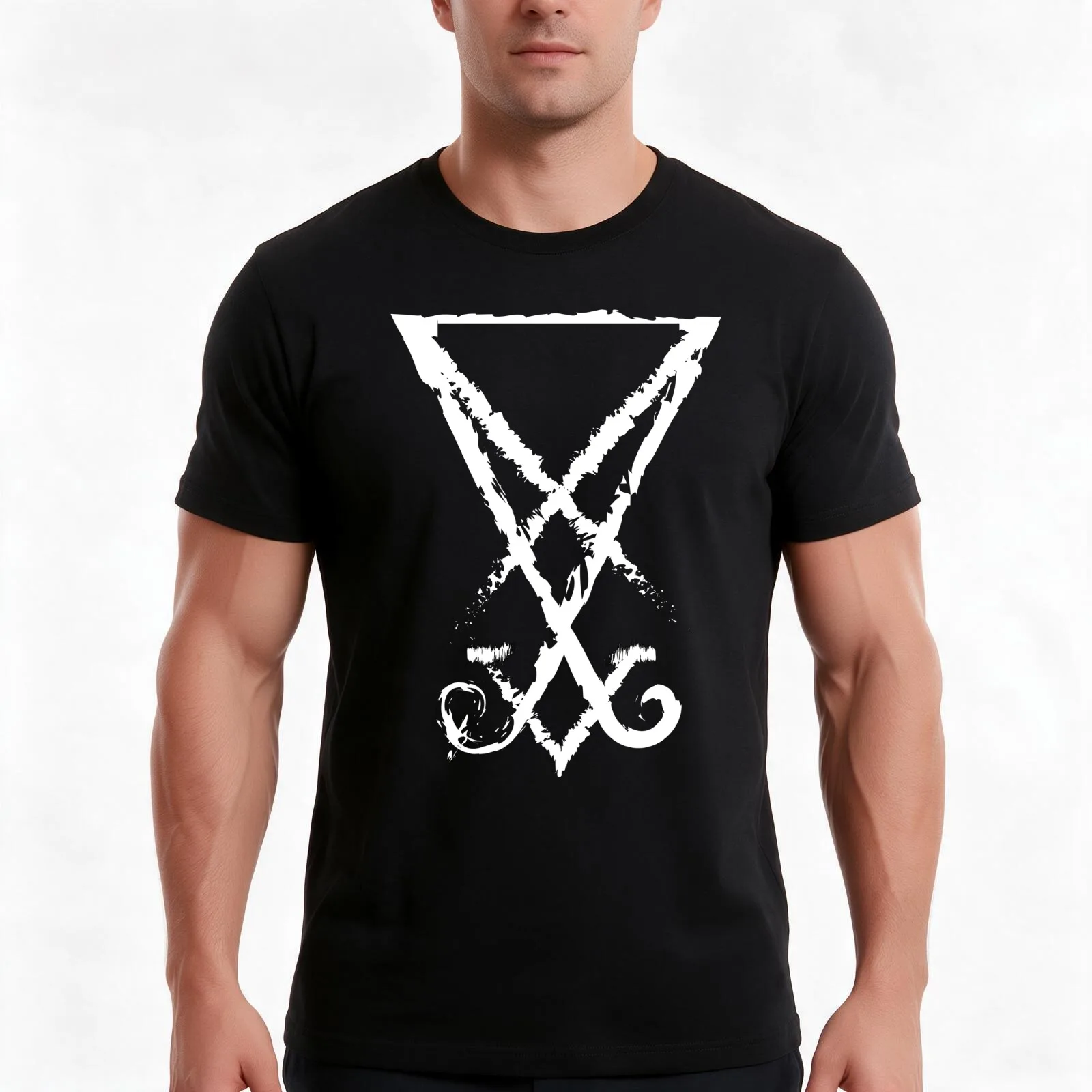 Sigil Of Lucifer - Blurred White T-Shirt, Summer Casual Cotton Tee, Oversized Streetwear Tops, Vintage Graphic Print