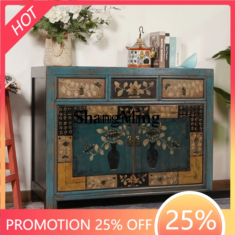 

FG good-looking retro solid wood dining side cabinet Chinese style decoration antique painted living room entrance cabinet