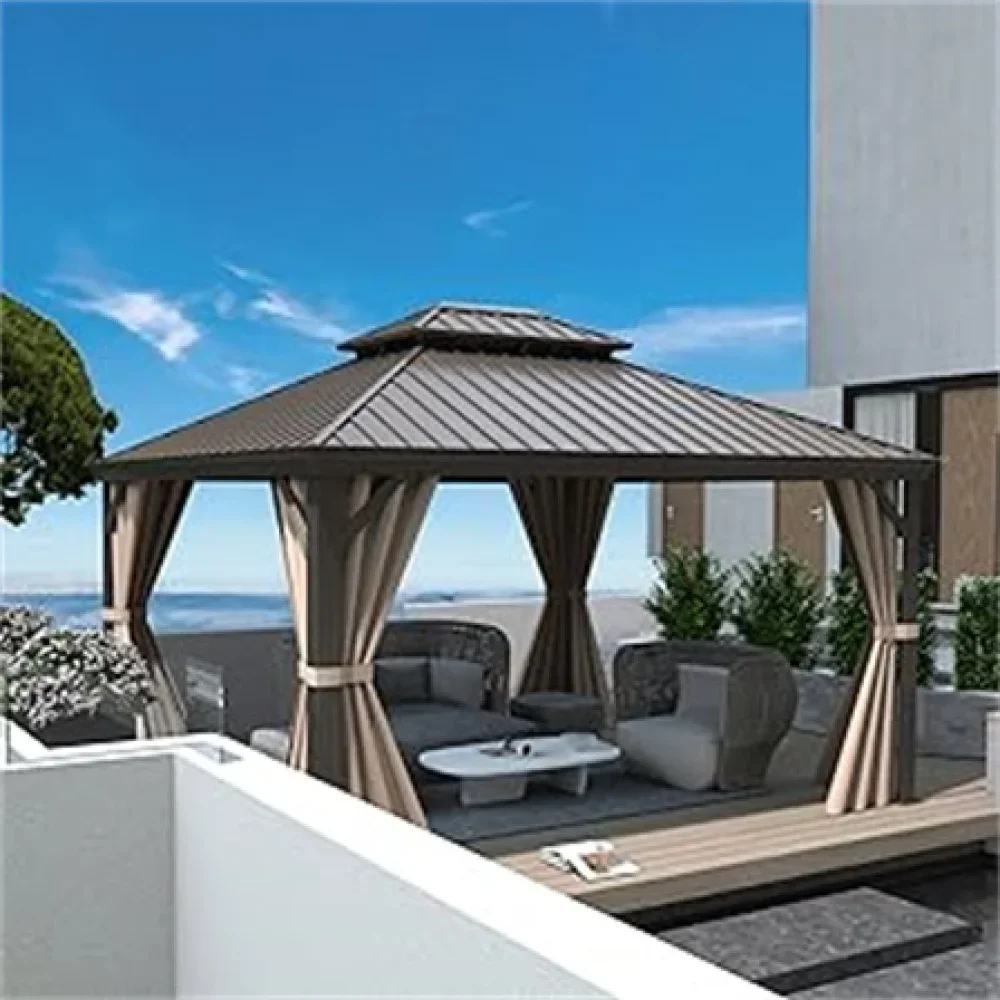 

Hardtop Gazebo Outdoor, Aluminum Gazebos Grill with Galvanized Steel Double Canopy for Patios Deck Backyard,Gazebo with Curtains