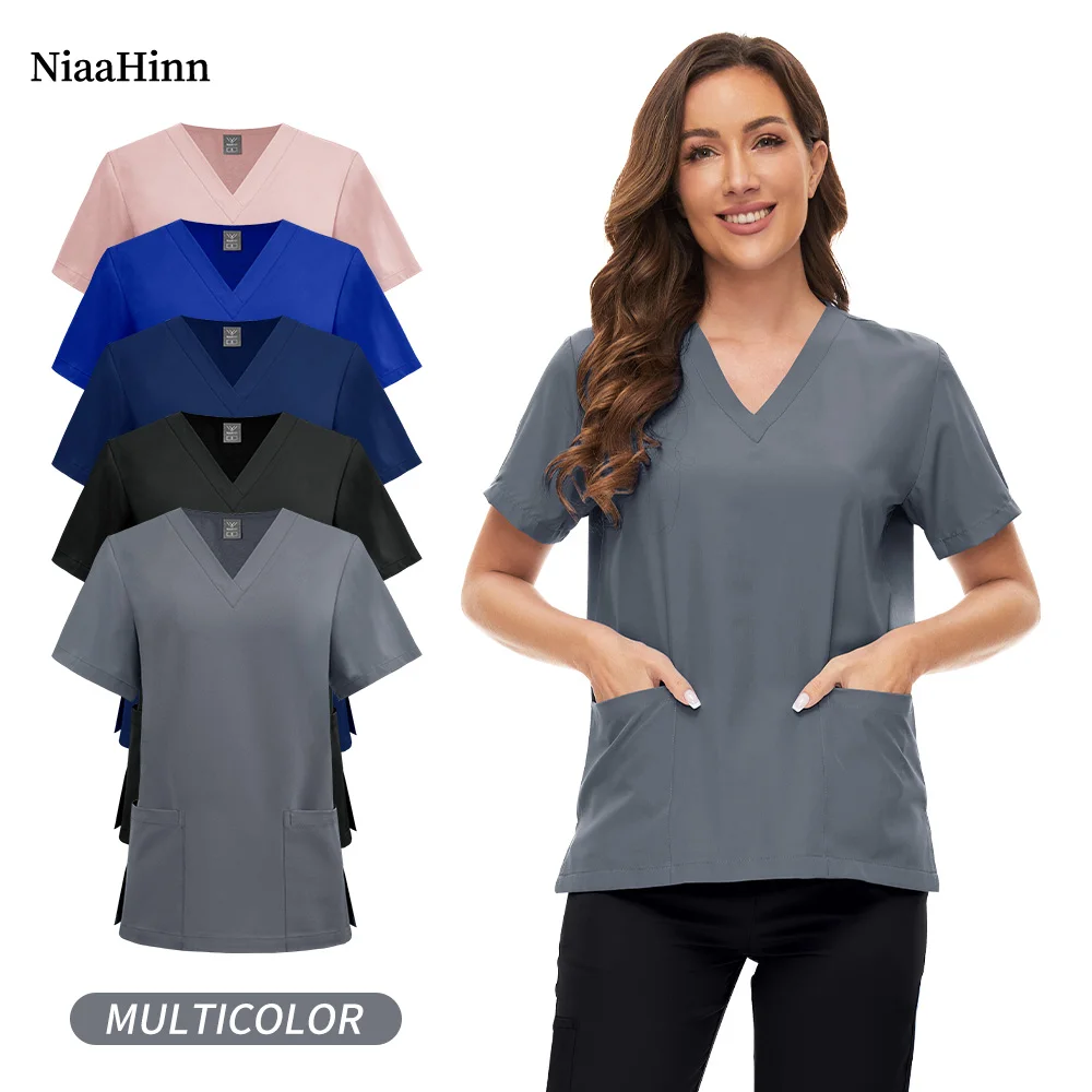 

Niaahinn Solid Color Nurse Tops Women Medical Scrubs Blouse Hospital Nursing Surgical Accessories Doctor Clothes Beauty Workwear