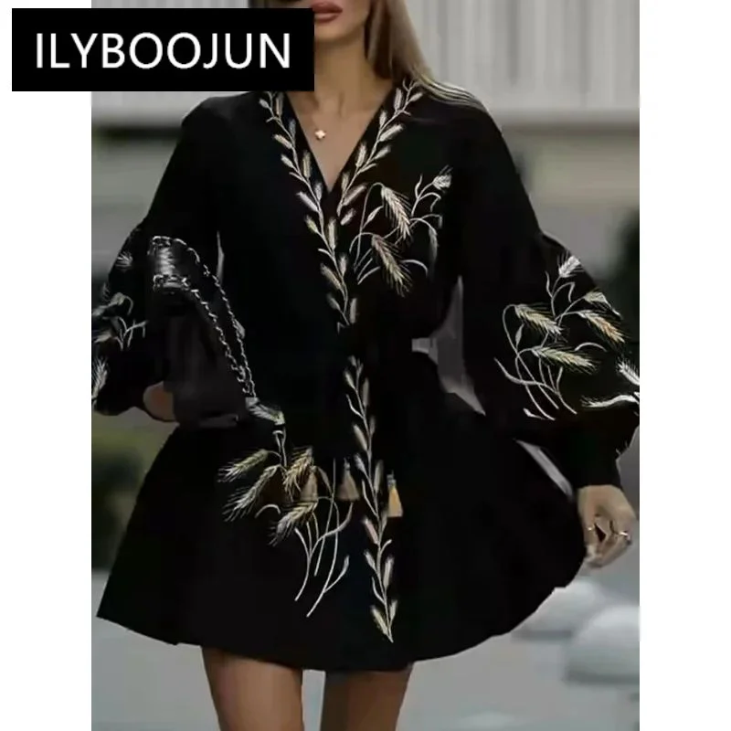 Patchwork Embroidery Casual Mini Dresses For Women V Neck Lantern Sleeve High Waist Temperament A Line Dress Female Fashion