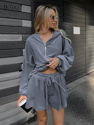 Bclout Jesienne Niebieskie Aksamitne Szorty Damskie 2-częściowe Moda Długi Rękaw Luźne Bluzy Zipper Street Lace-Up Szorty Garnitury Damskie