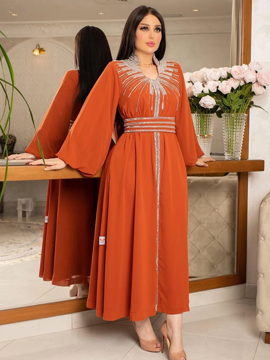 Imagem -03 - Marrocos Vestido Feminino 2023 Festa Muçulmano Abaya Moda Dubai Abayas Diamante com Cinto Kaftan Elegante Vestidos de Festa Primavera