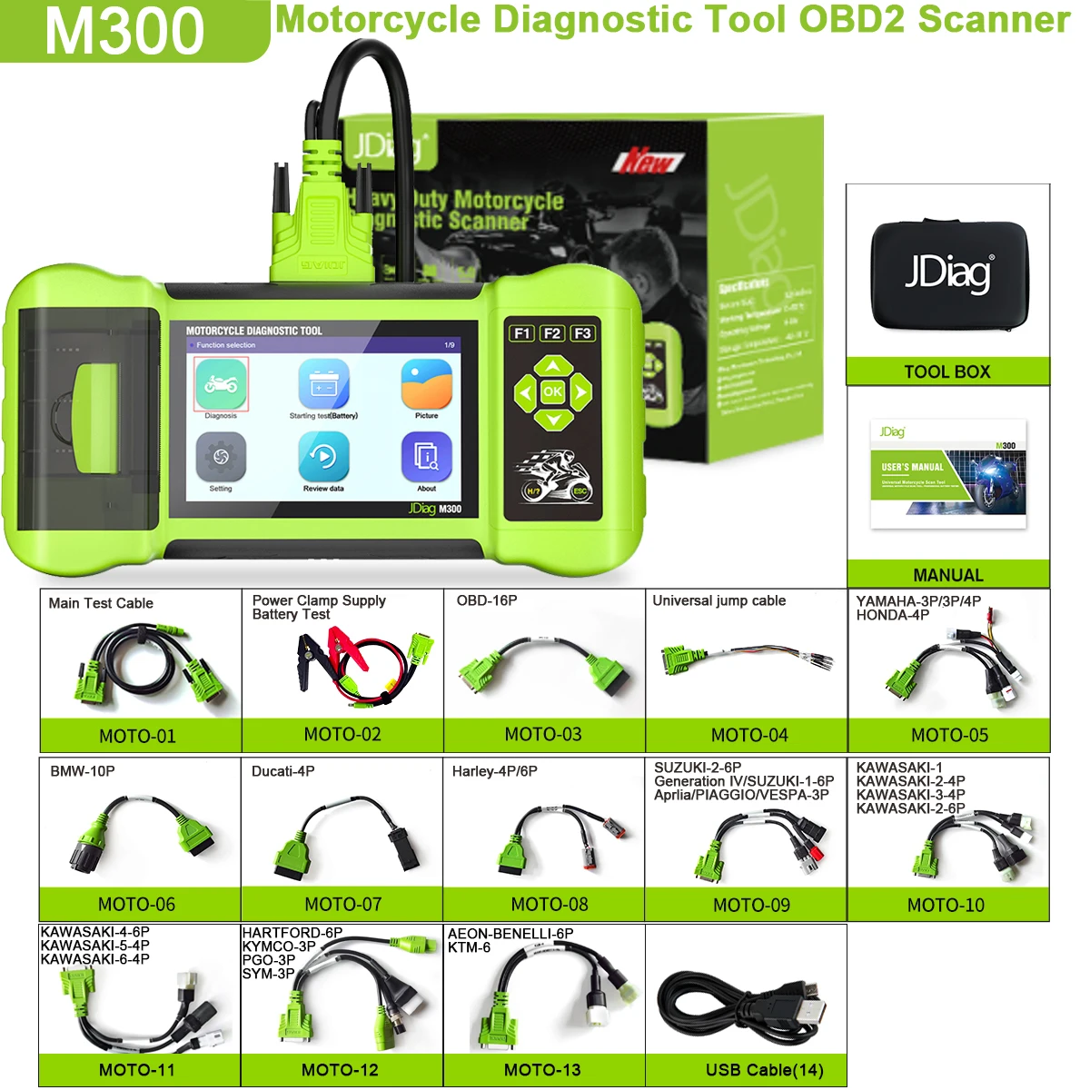 

Диагностический инструмент для мотоциклов JDiag M300, OBD2 сканер, считыватель кодов неисправностей для ABS и двигателя, подходит для BMW, Yamaha, Harley, Honda, Ducati.