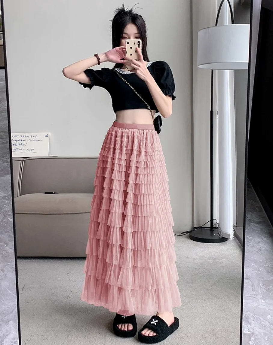 Midi-Rock in A-Linie, Kuchen-Design, Polyesterfaser, Netzstoff, geschichtet, geschwollen, halblang, Frühling, Sommer, Herbst, Winter, Röcke im neuen Stil